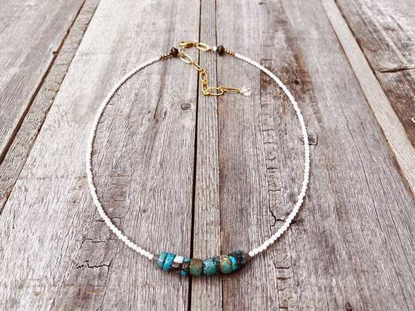 Genuine Blue and White Turquoise Barrel Short Necklace
