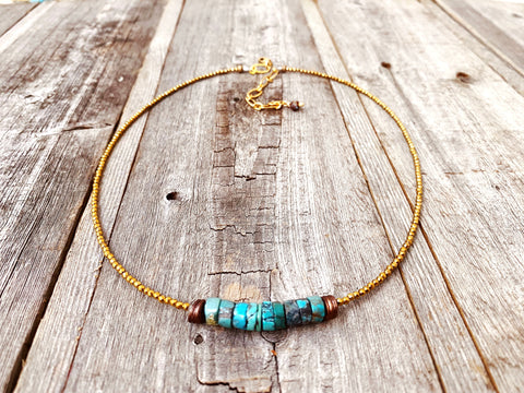 Genuine Blue Turquoise Barrel Short Necklace