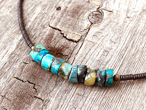 Genuine Blue Turquoise Barrel Short Necklace